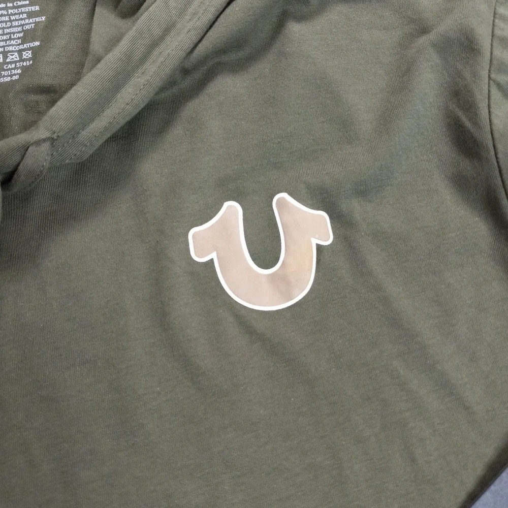 True Religion Mens Olive Green Short Sleeve Hoodie Buddha Graphic Tee Size L NWT